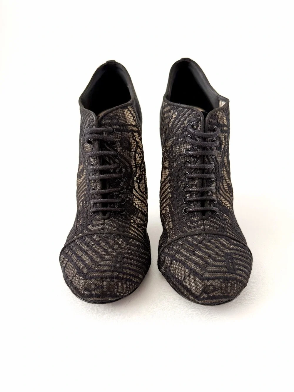CHANEL | CC Logo Black Lace Up Booties Pearl Stiletto EU 39
